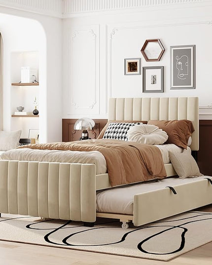 Twin Bed Frame with Trundle Bed,Velvet Upholstered Bed Frame,Twin Size Trundle Bed with Headboard,Upholstered Platform Bed Twin for Kids Teens Adults(Beige) - LeafyLoom