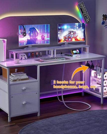 Furologee White Computer Desk with Drawer and Power Outlets, 55" Large Gaming Desk with Fabric File Cabinet and 2 Movable Monitor Shelves, Writing Table with CPU Stand and 2 Hooks for Home Office - LeafyLoom
