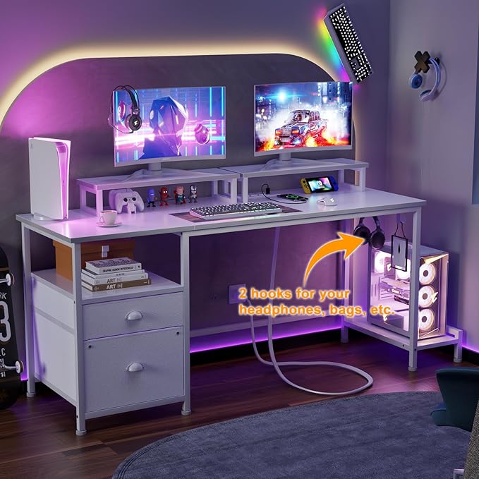 Furologee White Computer Desk with Drawer and Power Outlets, 55" Large Gaming Desk with Fabric File Cabinet and 2 Movable Monitor Shelves, Writing Table with CPU Stand and 2 Hooks for Home Office - LeafyLoom