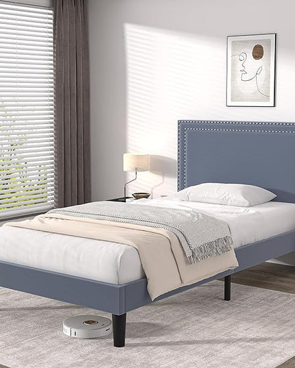 VECELO Twin Size Platform Bed Frame with Adjustable Upholstered Headboard, Modern Mattress Foundation, Strong Wood Slat Support, No Box Spring Needed, Easy Assembly - LeafyLoom