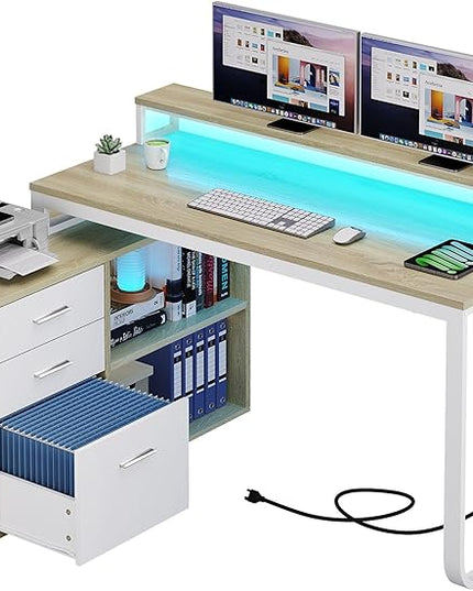 YITAHOME L Shaped Desk with Power Outlets & LED Lights & File Cabinet, 55" Corner Computer Desk with 3 Drawers & 2 Storage Shelves, Home Office Desk with Monitor Stand, Oak & White - LeafyLoom