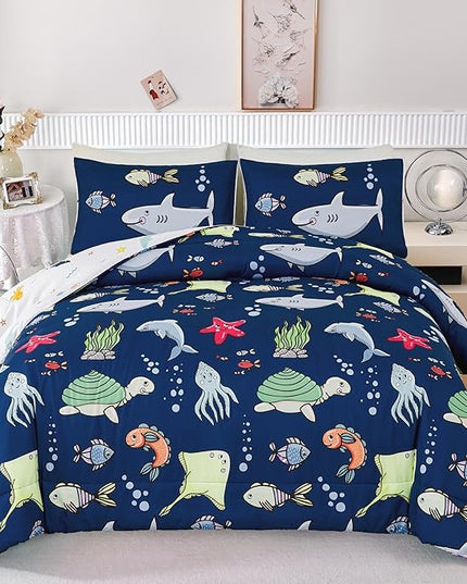 RYNGHIPY Kids Bedding Set for Full Bed Reversible Ocean Animals Print Comforter Set for Boys Girls Easy-Wash Super Soft Microfiber Bed Set (Navy Ocean,Full) - LeafyLoom