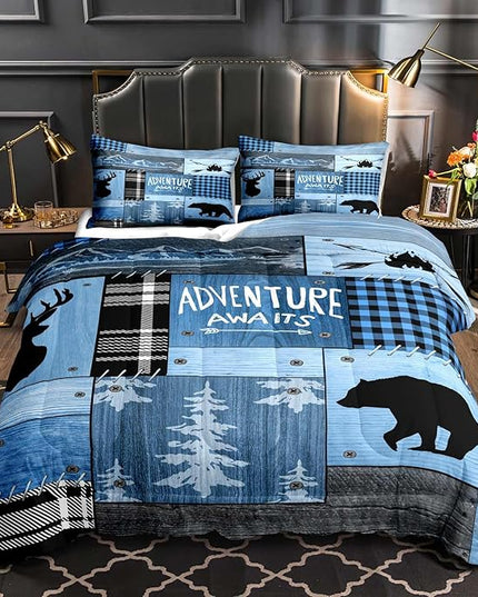 LUVIVIHOME 3PCS Rustic Cabin Comforter Set Queen Size, Farmhouse Bedding, Black Bear Deer Elk Moose Forest Animal Wildlife Hunting Country Brown Patchwork White Blue Plaid Lodge Quilt, 2 Pillow Cases - LeafyLoom