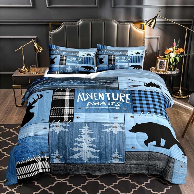 LUVIVIHOME 3PCS Rustic Cabin Comforter Set Queen Size, Farmhouse Bedding, Black Bear Deer Elk Moose Forest Animal Wildlife Hunting Country Brown Patchwork White Blue Plaid Lodge Quilt, 2 Pillow Cases - LeafyLoom
