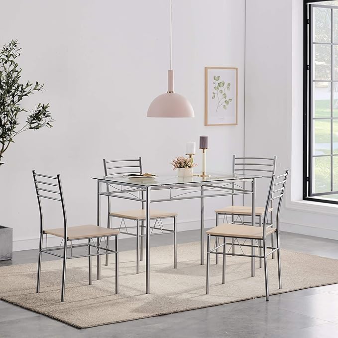 VECELO Kitchen Dining Table Sets for 4, 5 Piece Small Dinette with Chairs, Burnished Silver - LeafyLoom