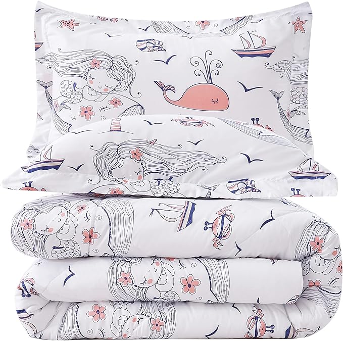 JSD Girls Mermaid Full Comforter Set for Girls, 3 Piece Kids Printed Comforter with Pillow Sham, Soft Comfortable Machine Washable - LeafyLoom