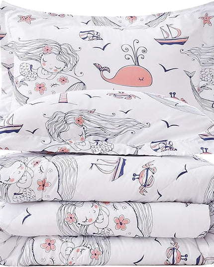 JSD Girls Mermaid Queen Comforter Set for Girls, 3 Piece Kids Printed Comforter with Pillow Shams, Soft Comfortable Machine Washable - LeafyLoom