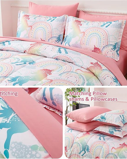 Twin Comforter Set for Girls, 6 Pieces Bed in a Bag, Colorful Unicorn Bedding Comforter Sheet Set, Ultra Soft and Fluffly, Pink & Rainbow Color, Colorful Bed in a Bag for Girls - LeafyLoom