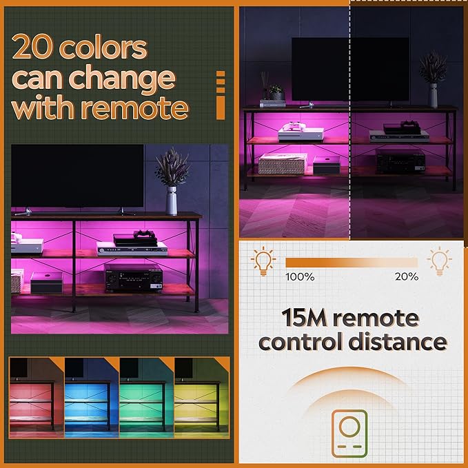 WLIVE TV Stand up to 70 Inch TV, 63" Entertainment Center with LED, TV Media Console with 3-Tier Storage Shelves for Living Room and Bedroom, Rustic Brown - LeafyLoom
