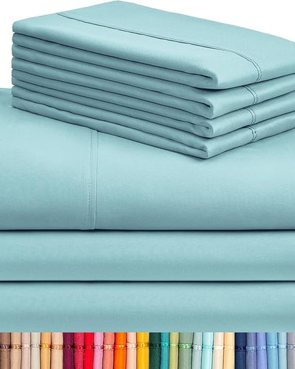 LuxClub 7 PC Split King Sheet Set, Breathable Luxury Bed Sheets, Deep Pockets 18" Eco Friendly Wrinkle Free Cooling Sheets Machine Washable Hotel Bedding Silky Soft - Aqua Split King - LeafyLoom