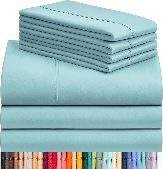 LuxClub 7 PC Split King Sheet Set, Breathable Luxury Bed Sheets, Deep Pockets 18" Eco Friendly Wrinkle Free Cooling Sheets Machine Washable Hotel Bedding Silky Soft - Aqua Split King - LeafyLoom