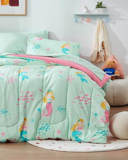 SLEEP ZONE Kids Bedding Comforter Set, Cute Pattern & Super Soft 2 Pieces Bedding Sets, All Season for Girls, 1 Comforter, 1 Pillowcase, Fade Resistant (Mermaid Princess, Twin) - LeafyLoom