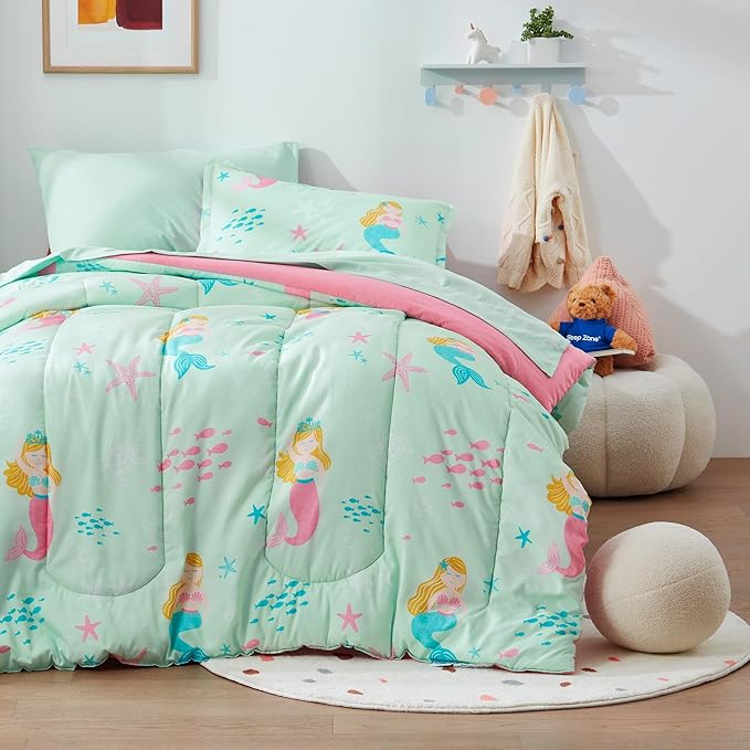 SLEEP ZONE 3 Pieces Comforter Set, Breathable & Super Soft All Season Kids Comforter Set, Cartoon Design for Children, Girls, Easy Care, Washable (Mermaid Princess, Full/Queen) - LeafyLoom