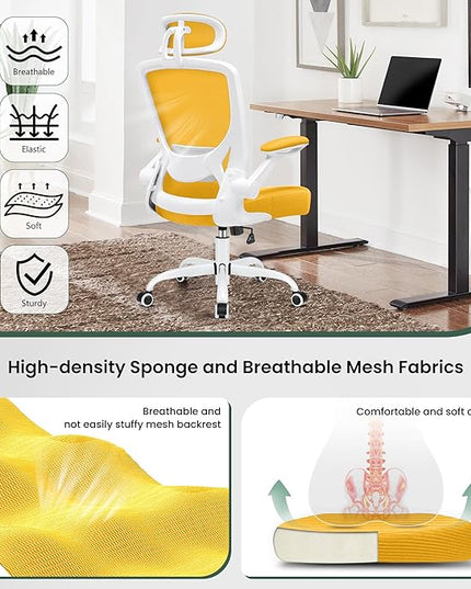 KERDOM Ergonomic Office Chair, Breathable Mesh Desk Chair, Lumbar Support Computer Chair with Headrest and Flip-up Arms, Swivel Task Chair, Adjustable Height Gaming Chair, Yellow - LeafyLoom