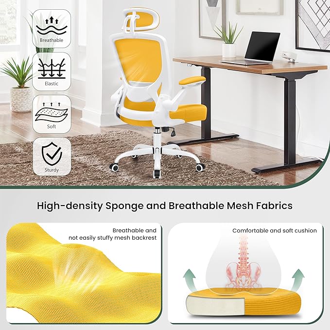 KERDOM Ergonomic Office Chair, Breathable Mesh Desk Chair, Lumbar Support Computer Chair with Headrest and Flip-up Arms, Swivel Task Chair, Adjustable Height Gaming Chair, Yellow - LeafyLoom