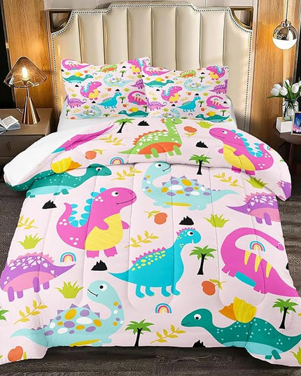 Girls Bedding Dinosaur Comforter Set Queen, Cute Dinosaur Bedding Set for Girls Adults Soft Breathable Dino Quilt Kids Queen Comforter Set, 1 Comforter 2 Pillowcase - LeafyLoom