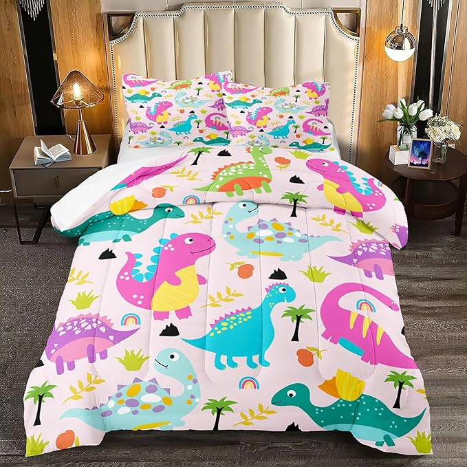 Girls Bedding Dinosaur Comforter Set Queen, Cute Dinosaur Bedding Set for Girls Adults Soft Breathable Dino Quilt Kids Queen Comforter Set, 1 Comforter 2 Pillowcase - LeafyLoom