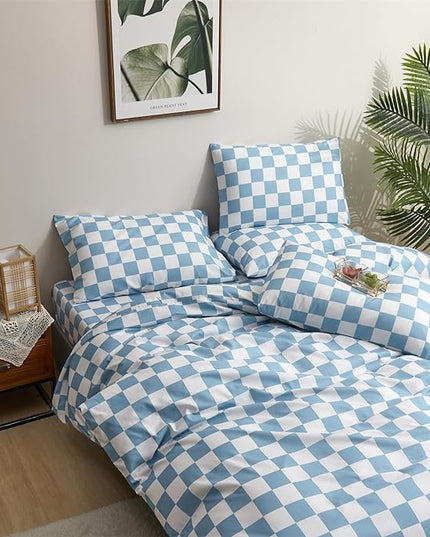 Wellboo Blue White Plaid Comforter Sets Queen Women Men Light Blue and White Checkerboard Grid Bedding Comforters Cotton Boys Girls Modern Dusty Blue Checkered Geometric Quilts Luxury Sky Blue Bed - LeafyLoom