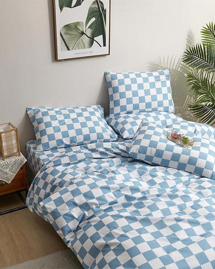 Wellboo Blue White Plaid Comforter Sets California King Women Men Light Blue and White Checkerboard Grid Bedding Comforters Cal King Cotton Dusty Blue Checkered Geometric Quilts Luxury Sky Blue Bed - LeafyLoom