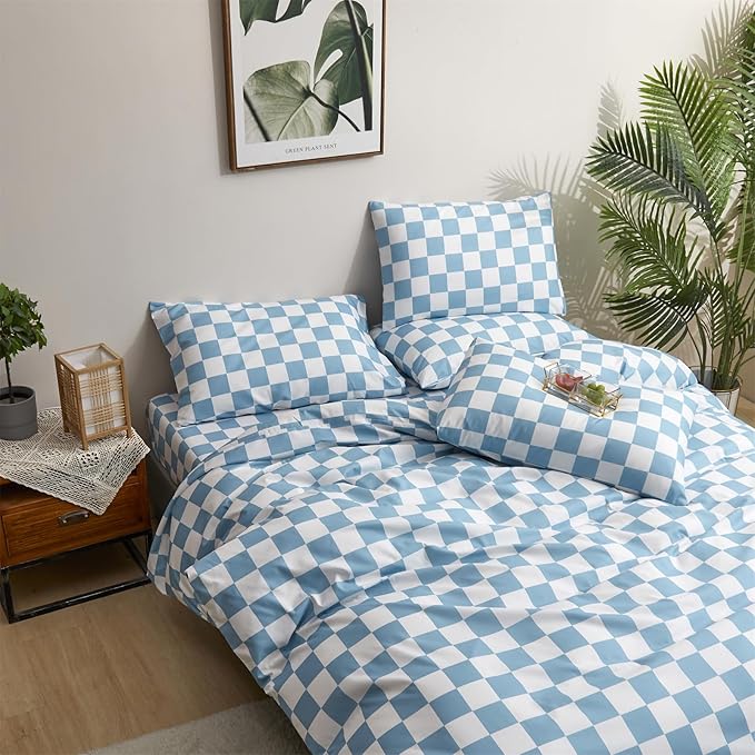 Wellboo Blue White Plaid Comforter Sets California King Women Men Light Blue and White Checkerboard Grid Bedding Comforters Cal King Cotton Dusty Blue Checkered Geometric Quilts Luxury Sky Blue Bed - LeafyLoom