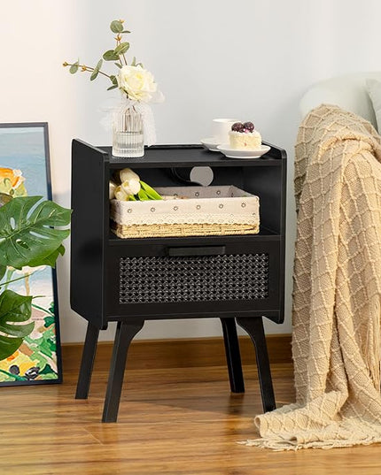 Lerliuo Rattan Nightstand with Charging Station, Side Table with Drawer Open Shelf, Cane Bedside End Table with Solid Wood Legs, Mid Century Night Stand for Bedroom, Dorm and Small Spaces (Black) - LeafyLoom