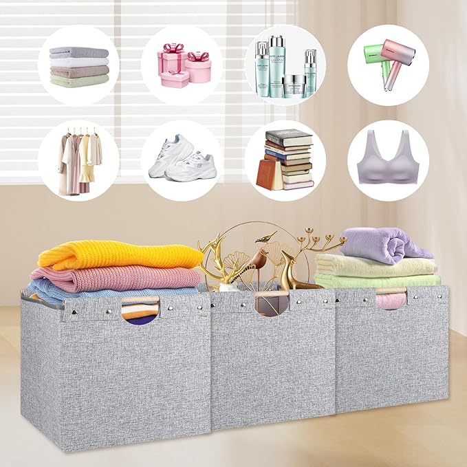13x13x13 Inches Collapsible Storage Cubes, 4 Pack Fabric Bins with Wooden Handles for Kallax Shelves, Closet, Cabinet, Bookcase, Home Organizer Boxes for Decor and Laundry (Gray) - LeafyLoom