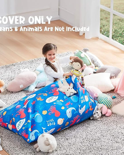 Nobildonna Stuffed Animal Storage Bean Bag Chair Cover Only for Kids and Adults, Extra Large Beanbag without Filling Plush Toys Holder and Organizer- Premium Canvas 250L (Sea Animals) - LeafyLoom