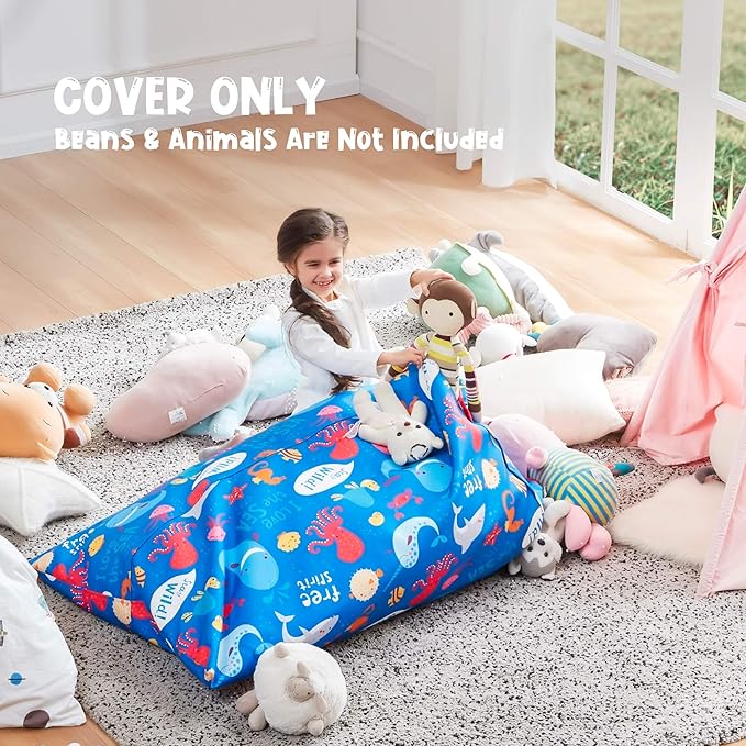 Nobildonna Stuffed Animal Storage Bean Bag Chair Cover Only for Kids and Adults, Extra Large Beanbag without Filling Plush Toys Holder and Organizer- Premium Canvas 250L (Sea Animals) - LeafyLoom