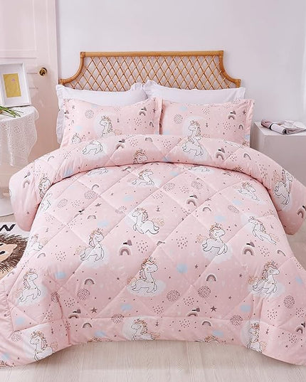 JSD Pink Unicorn Kids Comforter Set for Girls, 3 Pieces Full Microfiber Comforter with Pillow Sham, Soft Comfortable Machine Washable - LeafyLoom
