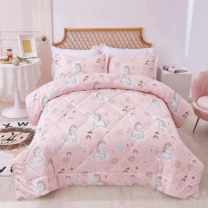 JSD Pink Unicorn Kids Comforter Set for Girls, 3 Pieces Full Microfiber Comforter with Pillow Sham, Soft Comfortable Machine Washable - LeafyLoom
