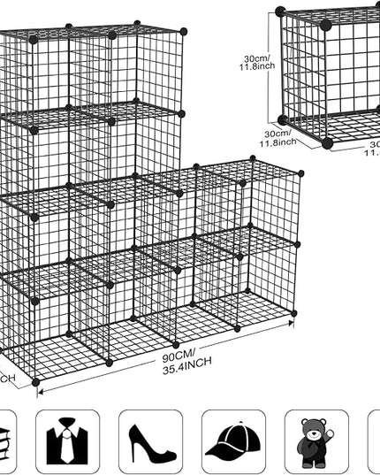 TUMUCUTE Wire Storage Cubes, Metal Storage Shelves Bookshelf, Stackable Modular Closet Organizer for Bedroom Living Room, Office, Black (12 Cubes, Iron) - LeafyLoom