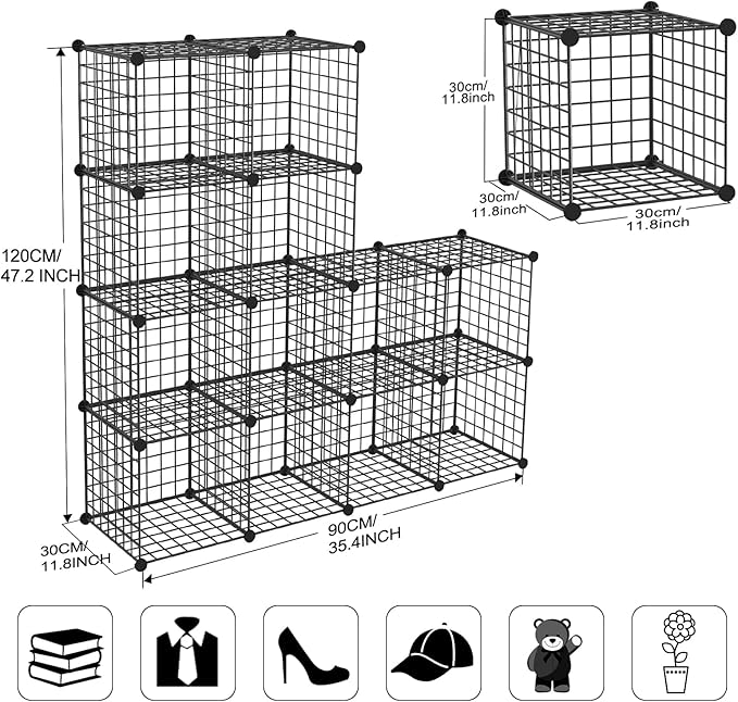 TUMUCUTE Wire Storage Cubes, Metal Storage Shelves Bookshelf, Stackable Modular Closet Organizer for Bedroom Living Room, Office, Black (12 Cubes, Iron) - LeafyLoom