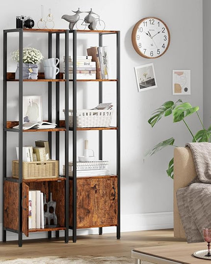 Furologee 5-Tier Bookshelf, Narrow Shelf with Storage Cabinet for Bedroom, Metal and Wood Shelf, Industrial Freestanding Display Tall Shelf for Living Room, Home Office, Bathroom, Rustic Brown - LeafyLoom