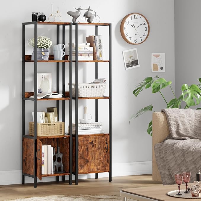 Furologee 5-Tier Bookshelf, Narrow Shelf with Storage Cabinet for Bedroom, Metal and Wood Shelf, Industrial Freestanding Display Tall Shelf for Living Room, Home Office, Bathroom, Rustic Brown - LeafyLoom