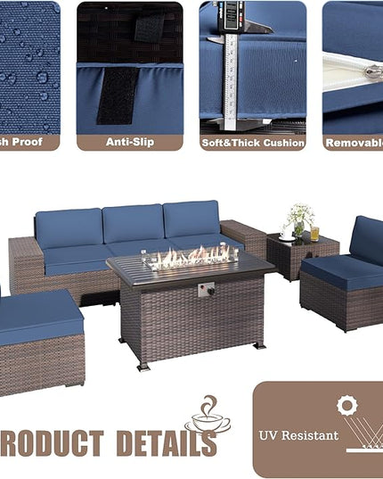 Patio Furniture Sectional Sofa Set 7-Pieces PE Rattan Patio Conversation Set w/43in Gas Fire Pit Table, Outdoor Furniture with 55000 BTU Propane Fire Pit, Navy Blue - LeafyLoom
