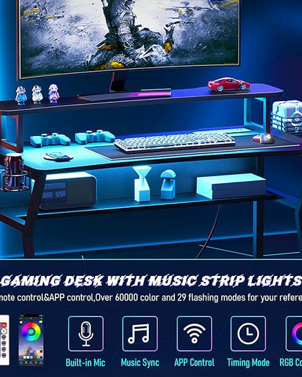 Gaming Desk with Power Outlet&Led Lights, Computer Desk with Monitor Stand and Open Shelf,Gamer Table Workstation with Cup Holder, Headphone Hook, 2 Speaker Stand for Home Office - LeafyLoom