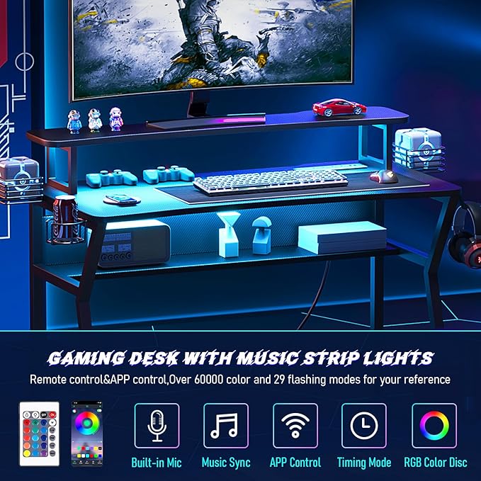 Gaming Desk with Power Outlet&Led Lights, Computer Desk with Monitor Stand and Open Shelf,Gamer Table Workstation with Cup Holder, Headphone Hook, 2 Speaker Stand for Home Office - LeafyLoom