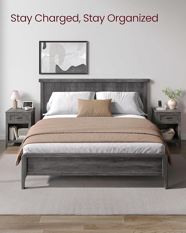 VASAGLE Farmhouse Nightstand with Charging Station, Bedside Table with Drawer, Open Compartment, Side Table with Storage, for Bedroom, Misty Gray ULET659G68 - LeafyLoom