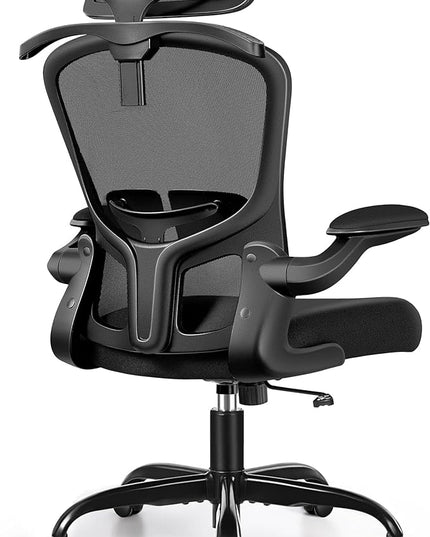 FelixKing Office Chair with Headrest, Ergonomic Desk Chair with Wheels, Task Swivel Comfy Chair with Adjustable Lumbar Support, Breathable Mesh Computer Chair with flip-up Armrests (Black) - LeafyLoom