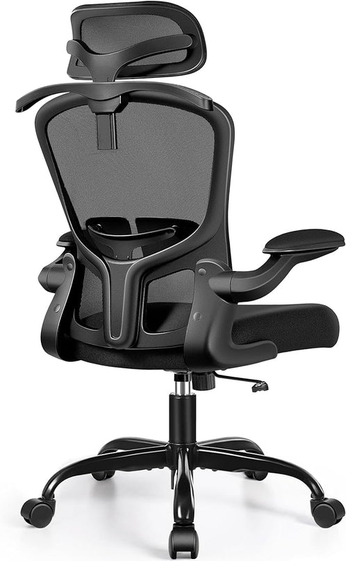 FelixKing Office Chair with Headrest, Ergonomic Desk Chair with Wheels, Task Swivel Comfy Chair with Adjustable Lumbar Support, Breathable Mesh Computer Chair with flip-up Armrests (Black) - LeafyLoom