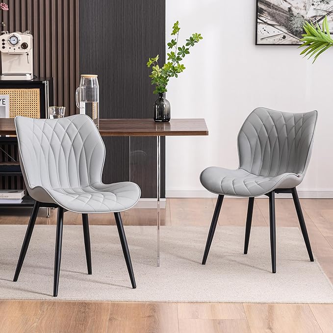 YOUNIKE Dining Chairs Set of 2, Upholstered Faux Leather Kitchen & Dining Room Chairs, Mid Century Modern Living Room Bedroom Side Chairs with Wide Wing Back and Adjustable Metal Legs, Grey - LeafyLoom