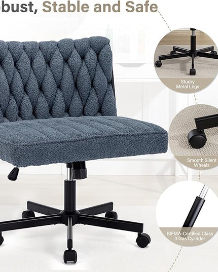 Criss Cross Legged Office Desk Chair with Wheels, Modern Armless Desk Chair with Wide Seat, Home Office Chair for Work, Meditation, Vanity, Blue - LeafyLoom