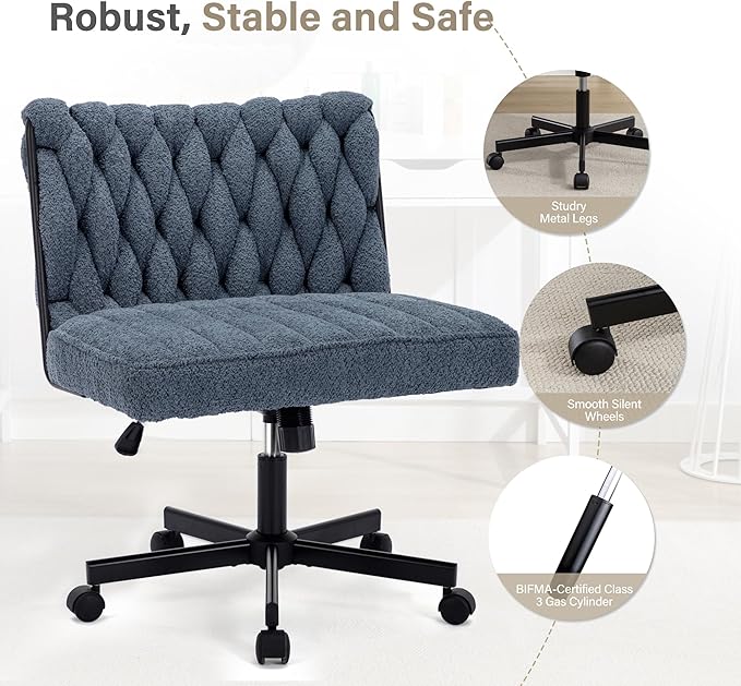Criss Cross Legged Office Desk Chair with Wheels, Modern Armless Desk Chair with Wide Seat, Home Office Chair for Work, Meditation, Vanity, Blue - LeafyLoom