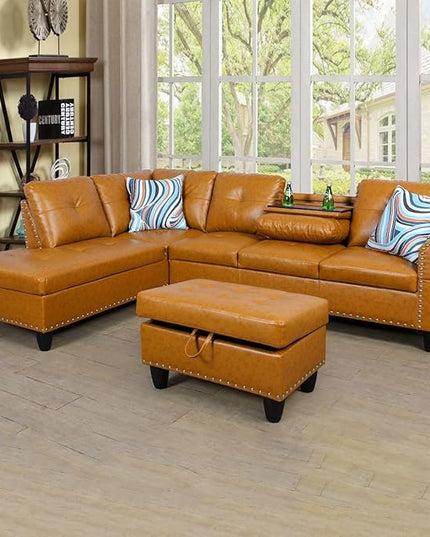 ROOMTEC L Shaped Sectional Sofa with Storage Ottoman, Left Facing Chaise Longue, Reversible Backrest w/ 2 Cup Holders, Semi PU Synthetic Leather Tufted Cushions, for Living Room, Ginger - LeafyLoom