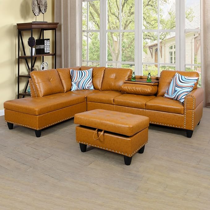 ROOMTEC L Shaped Sectional Sofa with Storage Ottoman, Left Facing Chaise Longue, Reversible Backrest w/ 2 Cup Holders, Semi PU Synthetic Leather Tufted Cushions, for Living Room, Ginger - LeafyLoom
