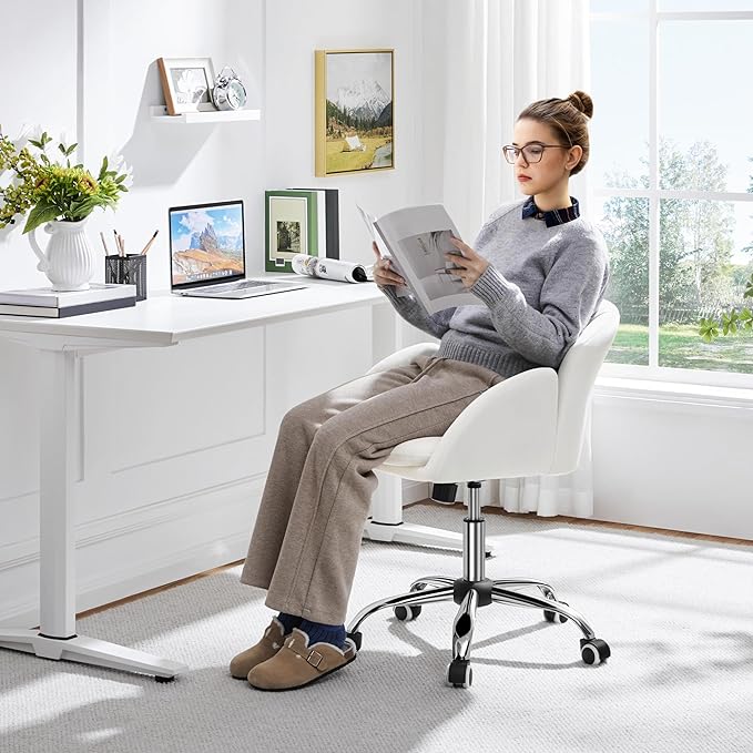 Yaheetech Cute Petal Desk Chair for Home Office, Makeup Vanity Chair Upholstered Modern Chair Adjustable Swivel Task Chair with Armrests for Work, Study, Living Room, Bedroom, Snowy - LeafyLoom