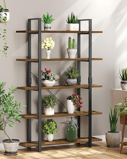 FRAPOW 5 Tier Bookshelf, 70 inch Tall Solid Bookcase Industrial Wooden Bookshelves Large Wall Etagere Rustic Vintage Book Shelf with Metal Frame Open Storage Rack for Living Room Home Office - LeafyLoom