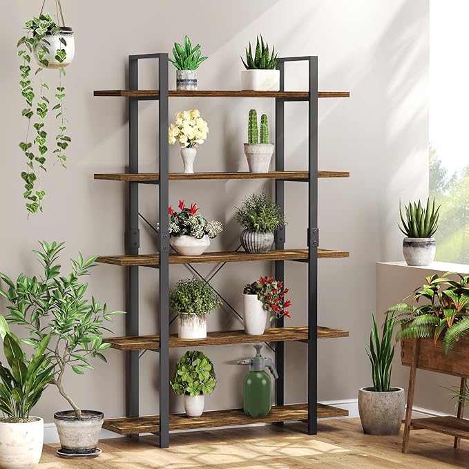 FRAPOW 5 Tier Bookshelf, 70 inch Tall Solid Bookcase Industrial Wooden Bookshelves Large Wall Etagere Rustic Vintage Book Shelf with Metal Frame Open Storage Rack for Living Room Home Office - LeafyLoom