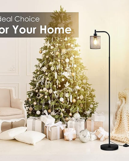 BoostArea Industrial Floor Lamp, Standing Lamp with Hanging Iron Mesh Lamp Shade, 6W LED Bulb, Whole Metal Farmhouse Floor Lamp with Foot Switch, Rustic Floor Lamps for Living Room Bedroom, Black - LeafyLoom