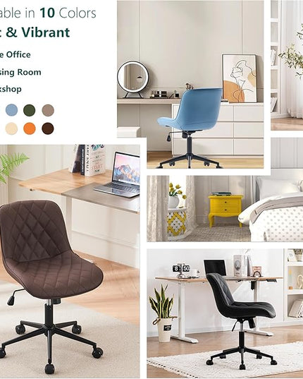 YOUNUOKE Office Chair Desk Chair with Wheels, Thick Upholstery Armless Computer Chair Task Chairs, Small Cute Home Office Desk Chair, Faux Leather Swivel Side Chair, Loads Up to 300LBS, Brown - LeafyLoom